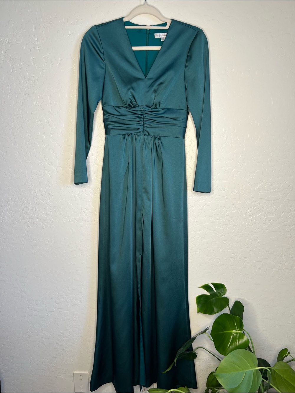 Kay Unger Teal Long-Sleeve V-Neck Ruched Waist Gown